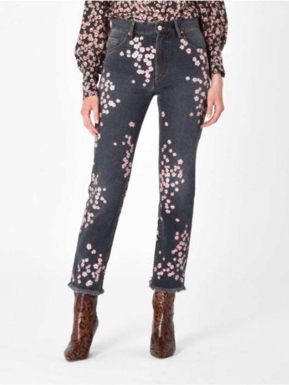 Isabel Marant • Holan Pink Floral Embroidered Gray Jeans Size FR 38 / US 6